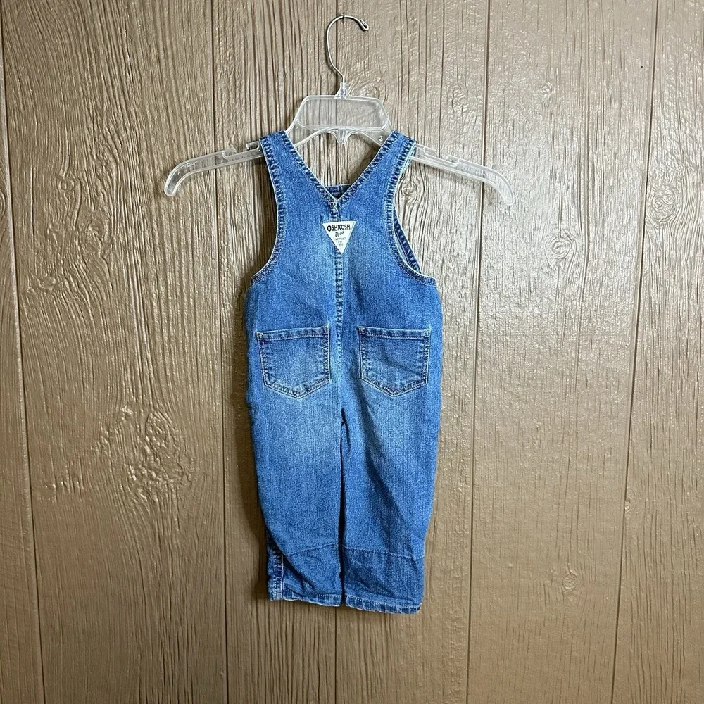 OshKosh B'gosh Denim Bib Overall Girls 12M Blue With Floral Leg Cuffs And Trim